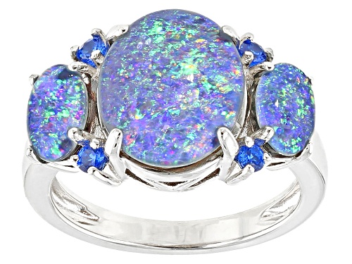 AUSTRALIAN OPAL TRIPLET WITH .11CTW LAB CREATED BLUE SPINEL RHODIUM OVER SILVER RING - Size 5
