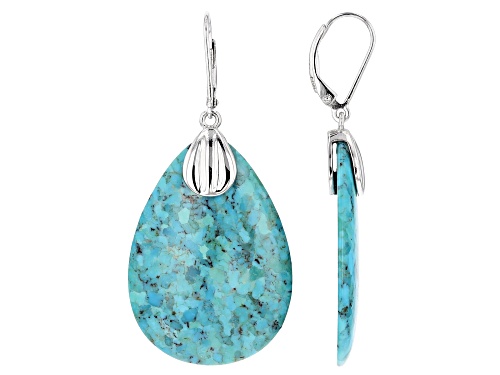 Pre-Owned 35x25mm Pear Shape Turquoise Rhodium Over Sterling Silver Dangle Earrings