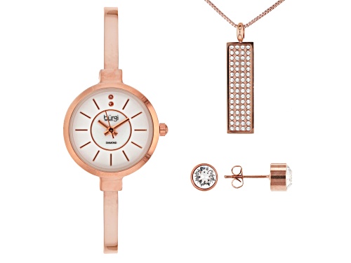 Photo of Pre-Owned Burgi™ Crystals Rose Tone Base Metal Bangle Watch, Pendant, And Earrings G