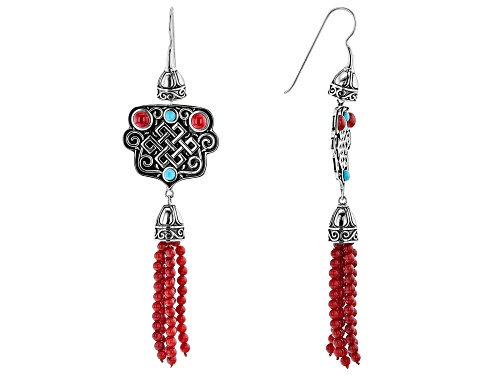 Pre-Owned Global Destinations™ Coral and Turquoise Rhodium Over Sterling Silver Bead Tassel Earrings