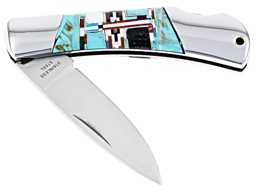Pre-Owned Southwest Style By JTV™ Turquoise Simulant And Mixed Gem Simulant Stainless Steel Pocket K