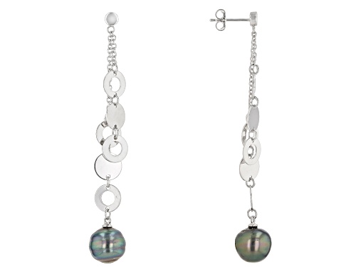 Photo of Pre-Owned 9-10mm Cultured Tahitian Pearl Rhodium Over Sterling Silver Dangle Earrings