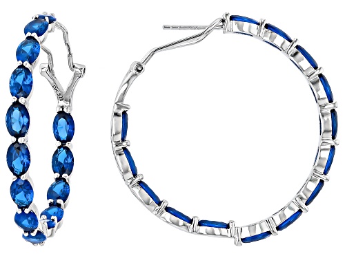 Pre-Owned 10.00ctw Oval Lab Created Blue Spinel Rhodium Over Sterling Silver Inside/Outside Hoop Ear