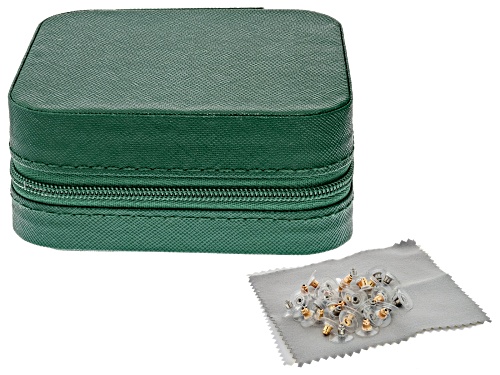 Pre-Owned Green Travel Size Jewelry Box with Cleaning Cloths & 40 Piece Earring Backs