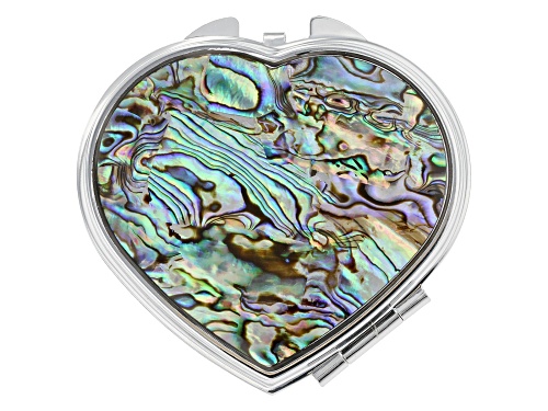 Pre-Owned Pacific Style™ 63x54mm Abalone Shell Silver Tone Heart Compact Mirror