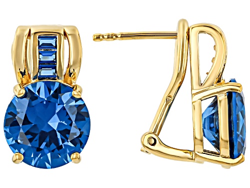 Pre-Owned 6.55ctw Round & 0.20ctw Baguette Lab Created Blue Spinel 18k Yellow Gold Over Silver Earri