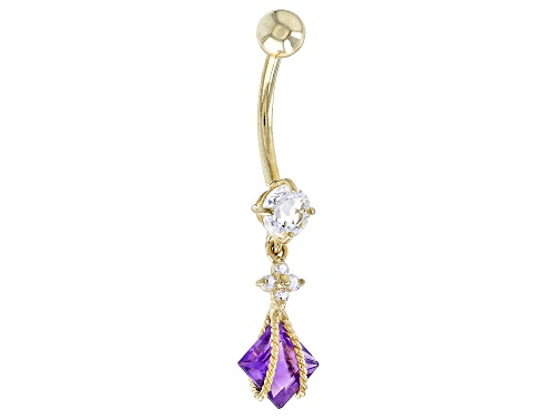 Pre-Owned 1.10ct African Amethyst And 0.53ctw White Topaz 10k Yellow Gold Dangle Navel Ring