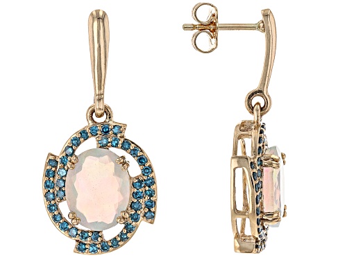 Pre-Owned 2.84ctw Oval Ethiopian Opal With 0.61ctw Round Blue Diamond 10K Yellow Gold Earring