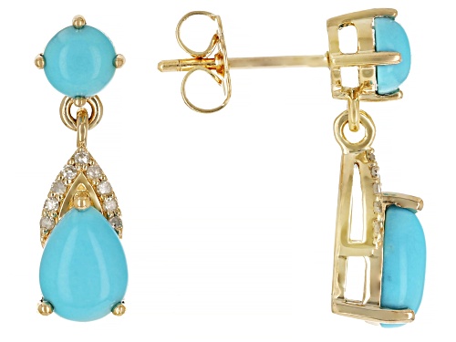 Pre-Owned 5mm, 8x6mm Sleeping Beauty Turquoise And 0.07ctw White Diamond 14k Yellow Gold Dangle Earr