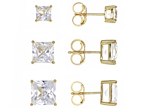 Pre-Owned 10.87ctw Square Lab Created Sapphire 18k Yellow Gold Over Sterling Silver Set of 3 Stud Ea