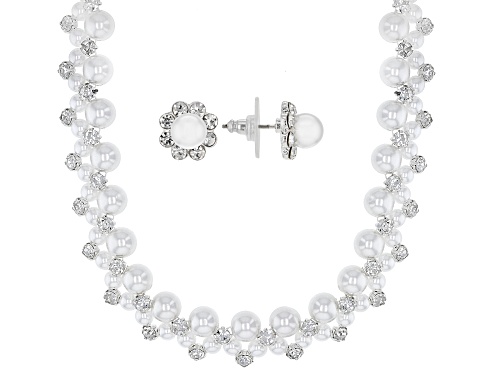 Pre-Owned Off Park® Collection Glass Crystal With Imitation Pearl Silver Tone Necklace and Earring S