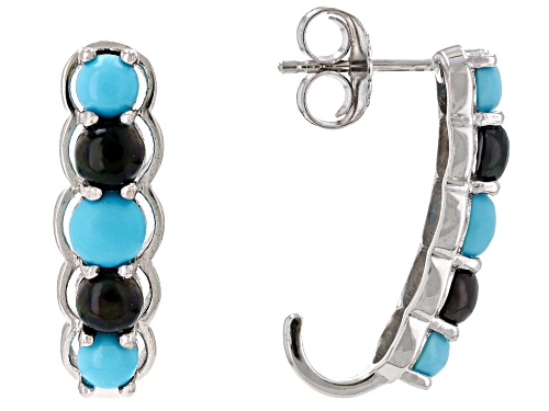 Pre-Owned Round Cabochon Turquoise With 1.36ctw Black Ethiopian Opal Rhodium Over Silver J-Hoop Earr