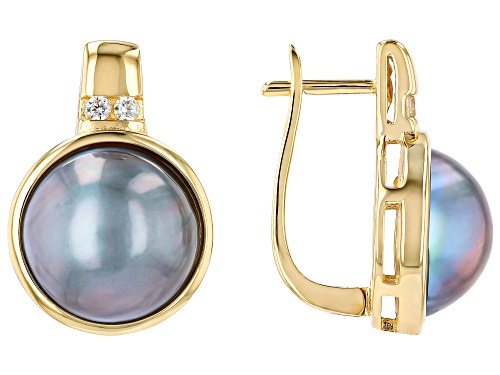 Pre-Owned 12-13mm Platinum Cultured Mabe Pearl and White Zircon 18k Yellow Gold Over Sterling Silver