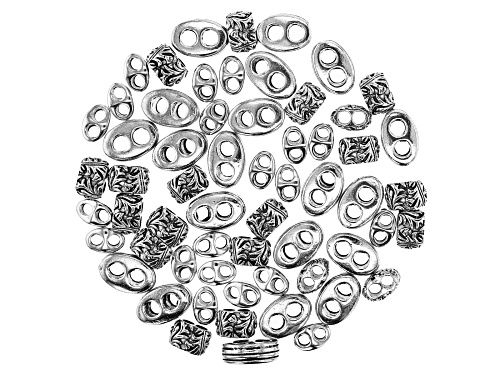 Pre-Owned Large Hole Double Spacer Bead Kit in 3 Styles in Antiqued Silver Tone Appx 60 Pieces Total