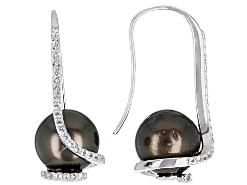 Photo of Pre-Owned 10.5-11mm Cultured Tahitian Pearl & White Topaz Rhodium Over Sterling Silver Earrings