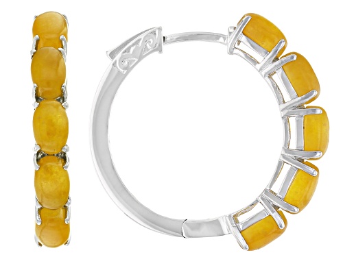 Pre-Owned 6x4mm Oval Yellow Jadeite Rhodium Over Sterling Silver Hoop Earrings