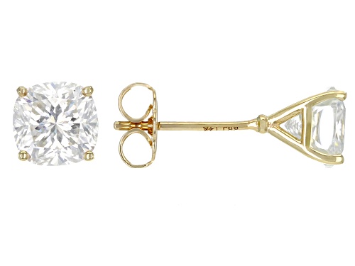 Pre-Owned MOISSANITE FIRE(R) 2.60CTW DEW CUSHION CUT 14K YELLOW GOLD STUD EARRINGS