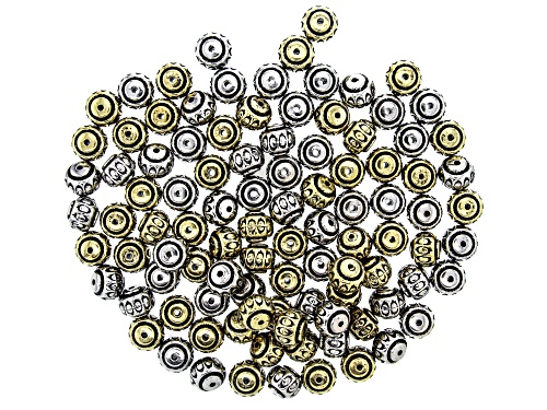Pre-Owned Electroplate Round Large Hole Spacer Bead in Antiqued Silver & Gold Tone 100 Pieces Total