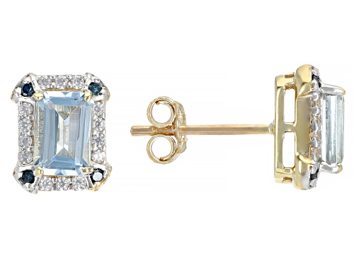 Pre-Owned 0.80ctw Aquamarine With 0.35ctw Accent White Zircon And 0.04ctw Blue Diamond 10k Gold Earr