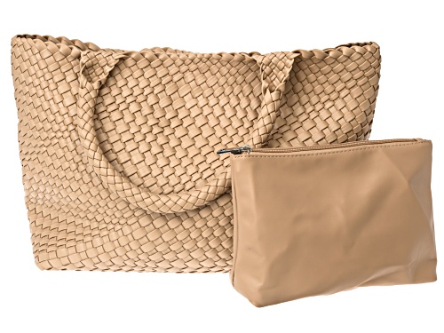 Pre-Owned Woven Tote Bag with Cosmetic Pouch in Apricot