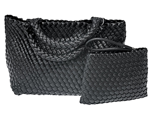 Pre-Owned Woven Tote Crossbody Bag with Cosmetic Pouch in Black