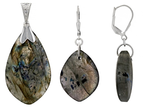 Pre-Owned Labradorite Rhodium Over Sterling Silver Pendant Enhancer and Earrings Set