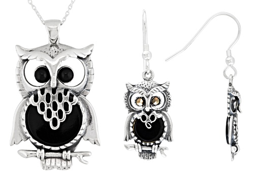 Pre-Owned Whitby Jet 7 And 15mm Round Cabochon Ster Silver Owl Earrings And Pendant With Chain W. Ha