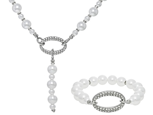 Pre-Owned Paula Deen Jewelry™ Pearl Simulant With White Crystal Silver Tone Necklace and Bracelet Se