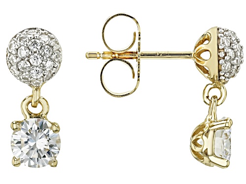 Pre-Owned MOISSANITE FIRE® 1.38CTW DEW ROUND BRILLIANT 14K YELLOW GOLD OVER STERLING SILVER DANGLE E