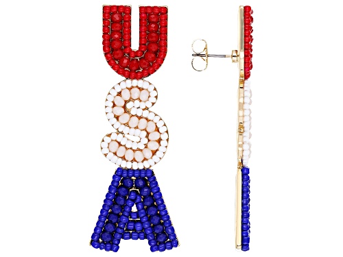 Pre-Owned Off Park® Collection Red, White & Blue Acrylic Bead  Gold Tone "USA" Earrings