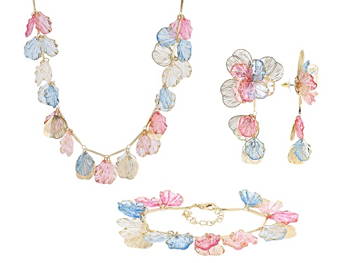 Pre-Owned Pacific Style™ Multi-Color Acrylic Gold Tone Necklace, Bracelet, & Earring Set