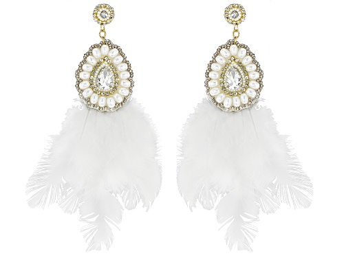 Pre-Owned Off Park® Collection Glass Crystal With Imitation Pearl & Faux Feather Gold Tone Dangle Ea