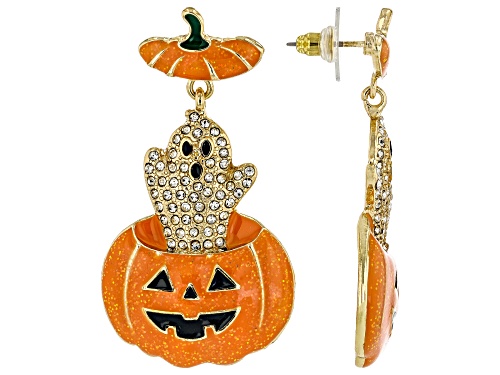 Pre-Owned Whimsical Wishes™ Crystal & Enamel Gold Tone Ghost Jack-O-Lantern Earrings