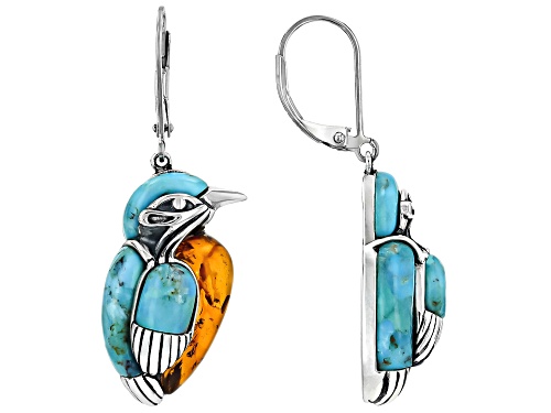 Pre-Owned Mixed Fancy Shape Turquoise with Amber Sterling Silver Bird Dangle Earrings