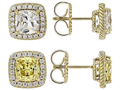 Pre-Owned Judith Ripka 12.33ctw White and Canary Bella Luce® 14k Gold Clad Haute Earring Set