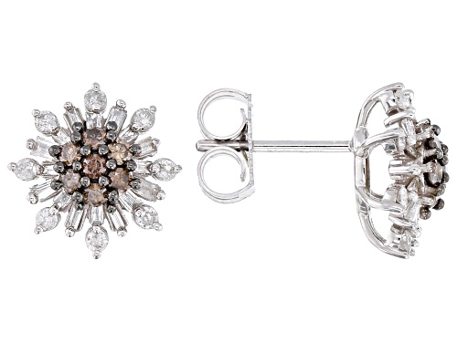 Pre-Owned 1.00ctw Round Champagne Diamond With Round & Baguette White Diamond 10k White Gold Stud Ea