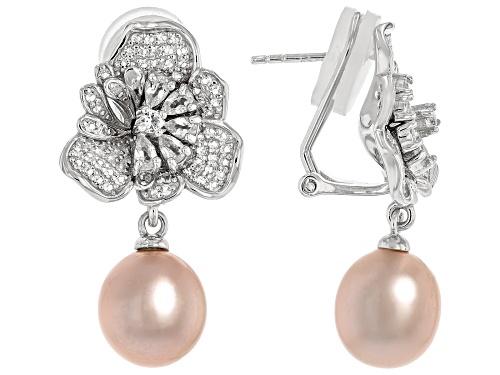 Pre-Owned 9mm Pink Cultured Freshwater Pearl With 2.16ctw Topaz Rhodium Over Sterling Earrings