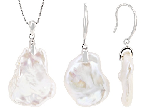 Pre-Owned 13-15mm White Cultured Keshi Freshwater Pearl Sterling Silver Pendant and Earring Set