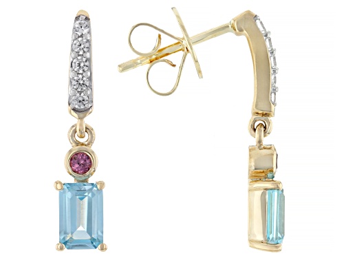 Pre-Owned 1.52ctw Blue Zircon With 0.10ctw Blush Garnet And 0.19ctw White Zircon 10k Yellow Gold Ear