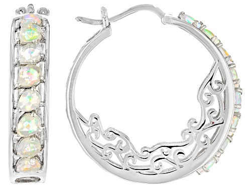 Pre-Owned 1.35ctw White Ethiopian Opal Rhodium Over Sterling Silver Hoop Earrings