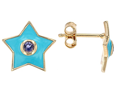 Pre-Owned 0.10ctw Round Iolite With Blue Enamel 18k Yellow Gold Over Sterling Silver Star Children's