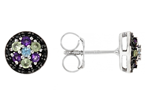 Pre-Owned 0.48ctw Swiss Blue Topaz, Amethyst, Peridot With Black Spinel Rhodium Over Silver Stud Ear