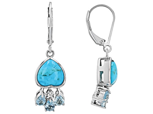 Pre-Owned 8mm Heart Turquoise, .87ctw Glacier Topaz™,.29ctw White Zircon Rhodium Over Silver Earring