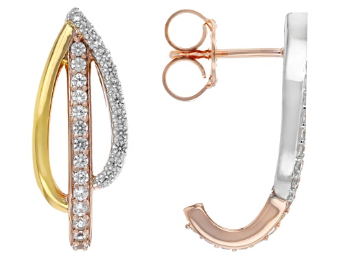 Pre-Owned 0.69ctw White Zircon Rhodium, 18k Rose and Yellow Gold Over Sterling Silver Tri-Color Earr