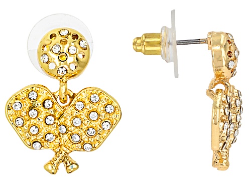 Pre-Owned White Crystal Gold Tone "Pickleball Paddle" Earrings