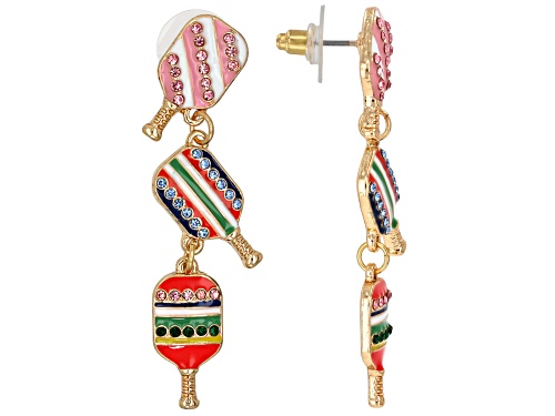 Pre-Owned Multi-Color Crystal & Enamel Gold Tone "Pickleball Paddles" Motif Earrings