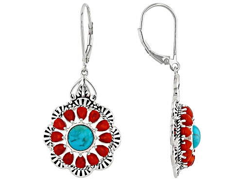 Pre-Owned Southwest Style by JTV™ 7mm Turquoise with Pear Shape Coral Sterling Silver Earrings