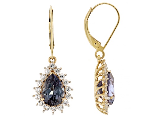 Pre-Owned 4.68ctw Lab Color Change Sapphire With 0.57ctw Lab White Sapphire 10k Yellow Gold Earrings