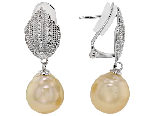Pre-Owned 11mm Golden Cultured South Sea Pearl With White Topaz Rhodium Over Sterling Silver Earring