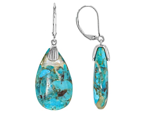 Pre-Owned Southwest Style by JTV™ 25x15mm Blended Turquoise & Mother-of-Pearl Rhodium Over Silver Ea